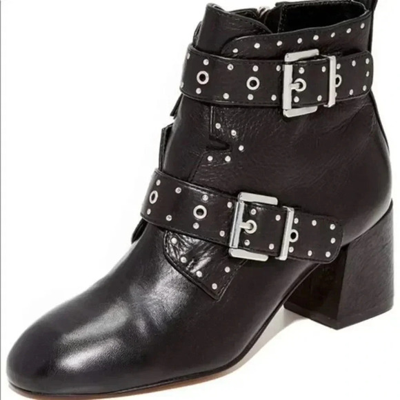 Rebecca Minkoff Logan Studded Buckle Booties Black Lamba - Picture 1 of 10